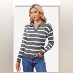 Better unsaid‎ gray & white striped collared sweater women’s size large business